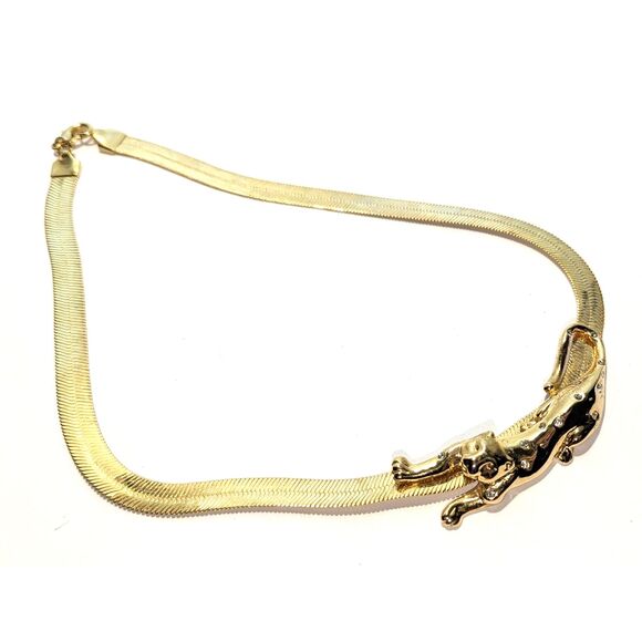 Leopard Panther Rhinestone Gold Tone Necklace - Picture 10 of 12